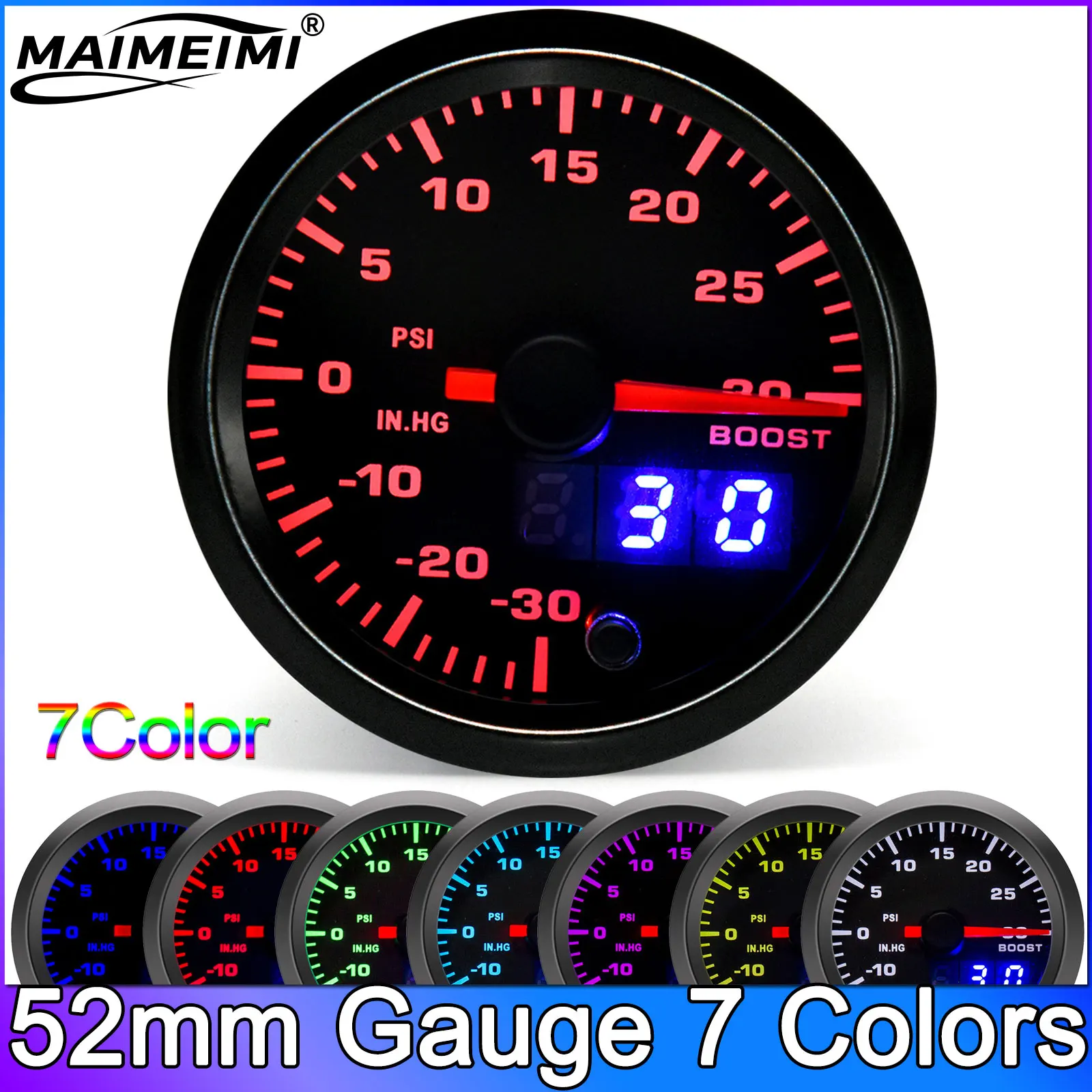

52mm Boost Gauge 7 Colors LED Dual Display Water Temp Oil Temp Oil Pressure Air Fuel Ratio EGT Tachometer Car Gauge Customized