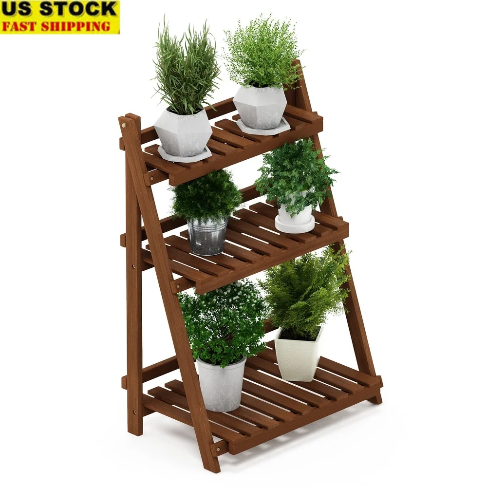 

3-Tier Folding Flower Rack Outdoor Dark Red Meranti Wood Teak Oil Treated Water Resistant Garden Patio Balcony Shelf