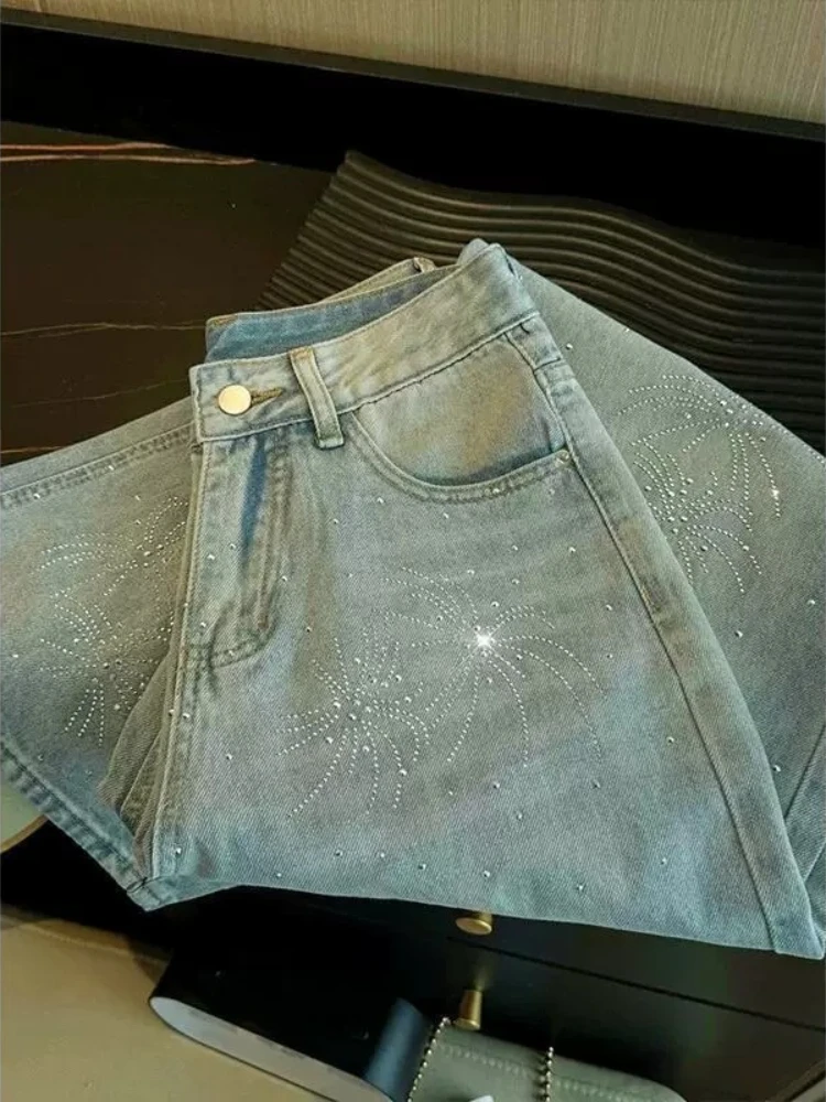 Jeans Light Color Sparkling Firework Rhinestone Summer 2026 New High Waist Washed Straight Fit Versatile Wide Leg Chic Pants