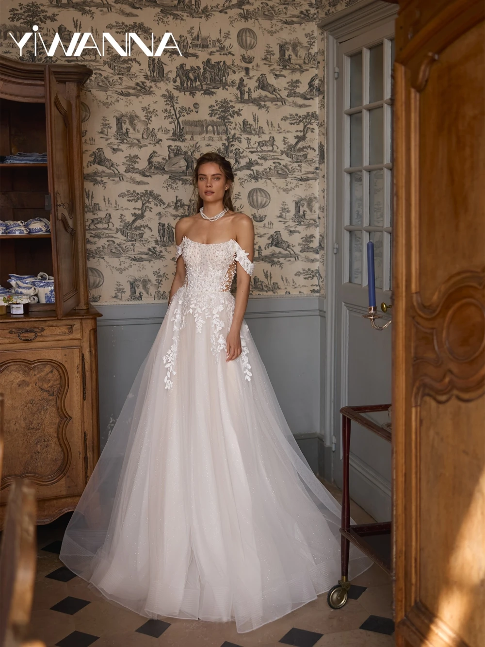 

Dreamy Shiny Pearls Lace Appliques Wedding Dress Strapless Off Shoulder Bridal Gown Customized Charming Dresses For Bride