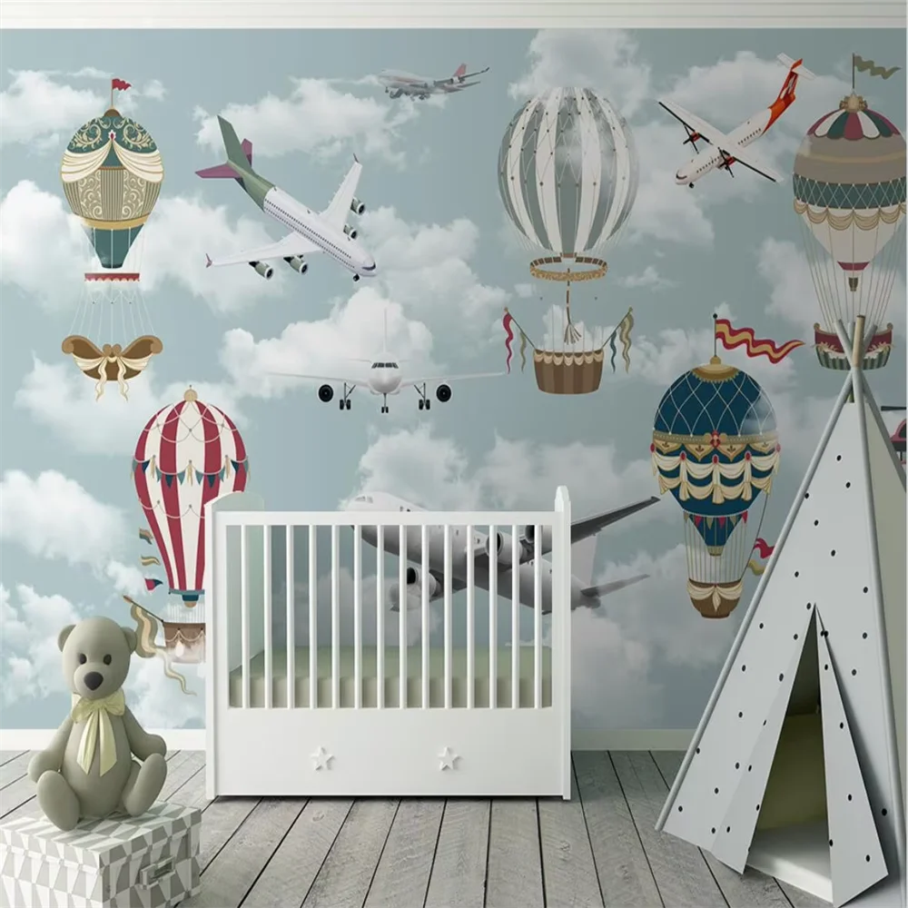 Custom Cartoon Hot Air Balloon Mural Wallpaper Nordic Style with Small Animal Theme for Kids' Room Indoor Background Decoration