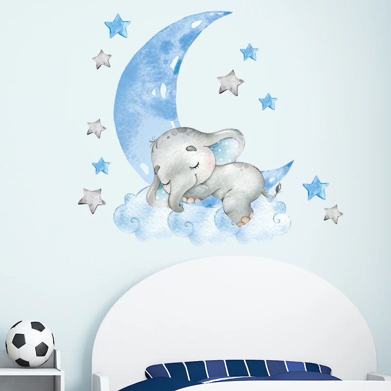 Cartoon Elephant Sleep Cloud Moon Wall Stickers for Kids Room Baby Nursery Bedroom Decoration Children Home Decor Living Room