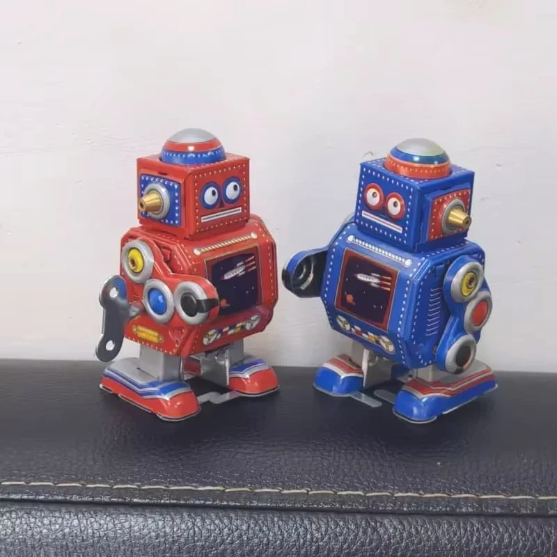 [Funny] Adult Collection Retro Wind Up Toy Metal Tin Mini- Robot Red/Blue Clockwork Toy Figure Model Vintage Toy Gift