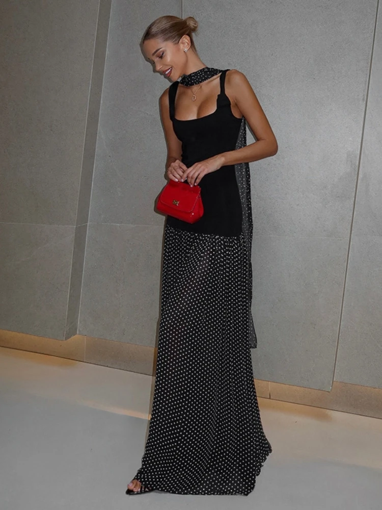 Sukienki maxi w kropki dla kobiet, odzież, eleganckie sukienki bez rękawów z wstążką, streetwear, długa suknia damska.