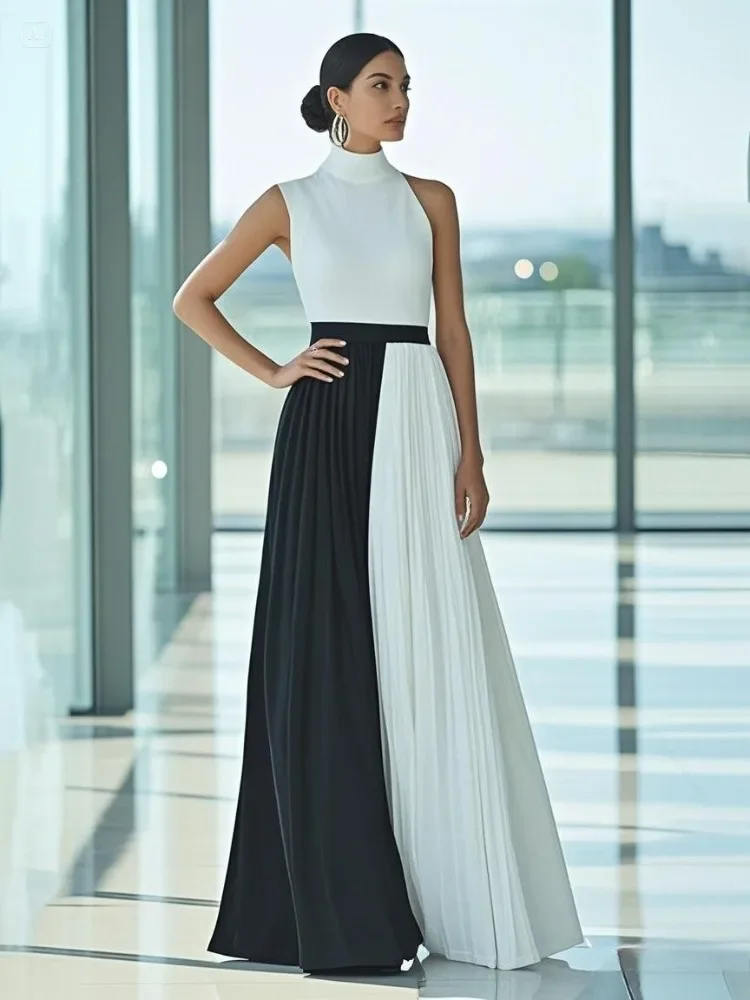 Missuoo 2025 Elegantes Abendkleid für Damen, Stehkragen, ärmellos, plissiert, Maxikleid, Kontrastfarbe, hohe Taille, Brautkleider