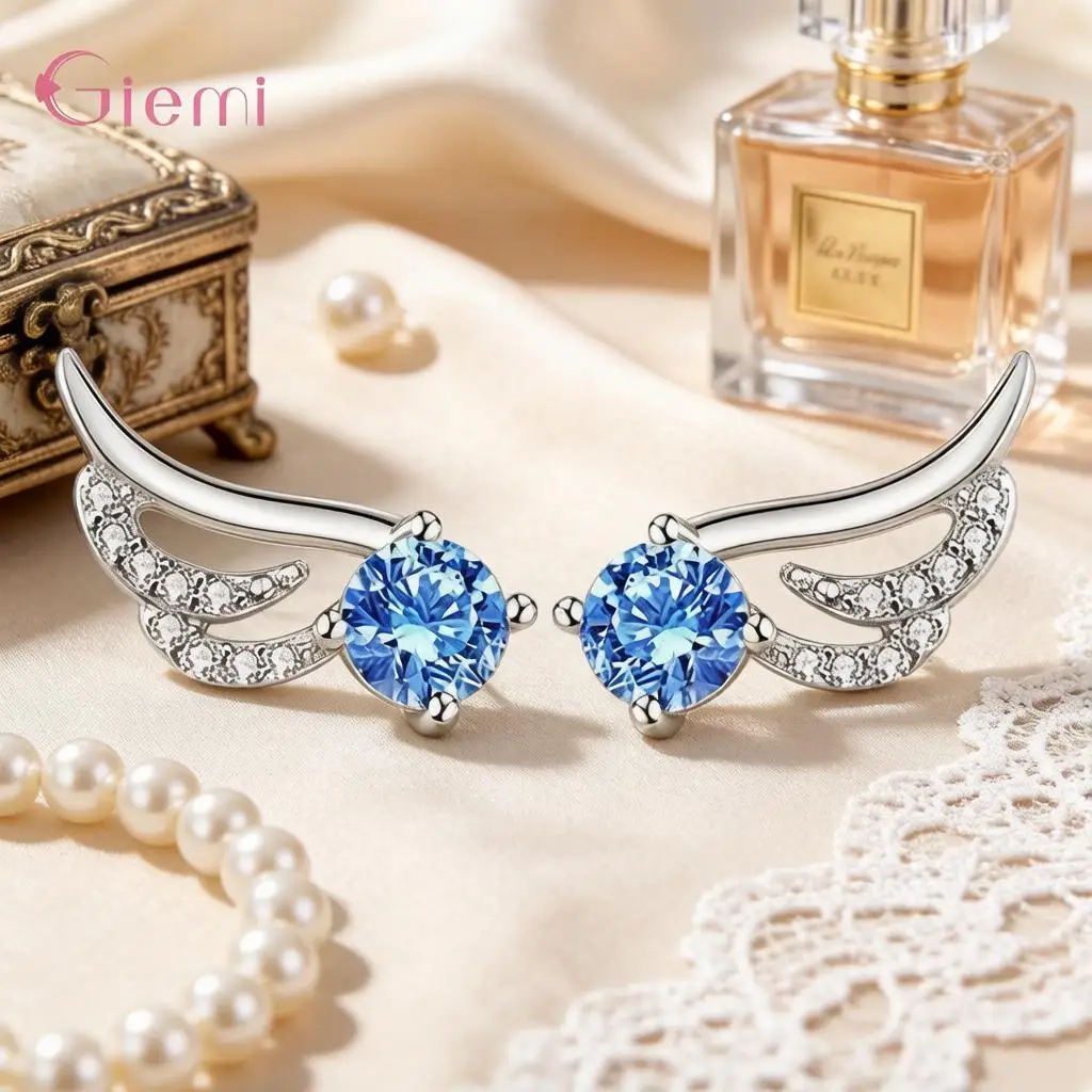 Delicate 925 Sterling Silver Wings Shape Crystal Zircon Stud Earrings for Women Girls Engagement Party Fashion Jewelry Gifts