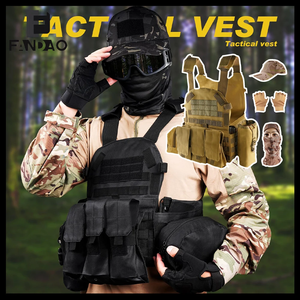 

Tactical Vest Set for Men Quick Release Airsoft Vest Equipment with Hat Half-finger Glove Visor for Paintball Shooting Camping