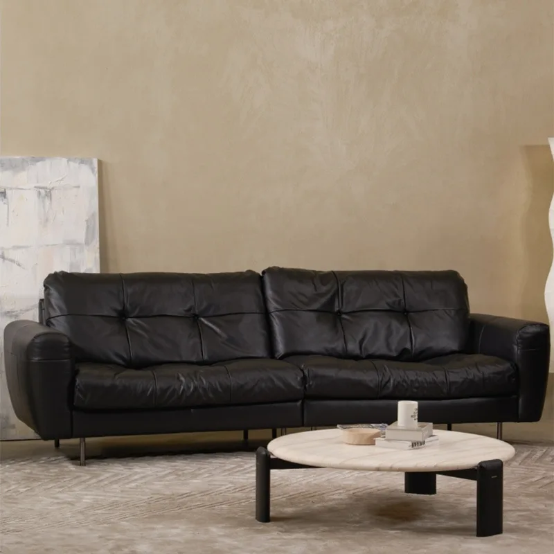 Sofa living room first layer cowhide retro style black leather small apartment two-person high-footed sofa