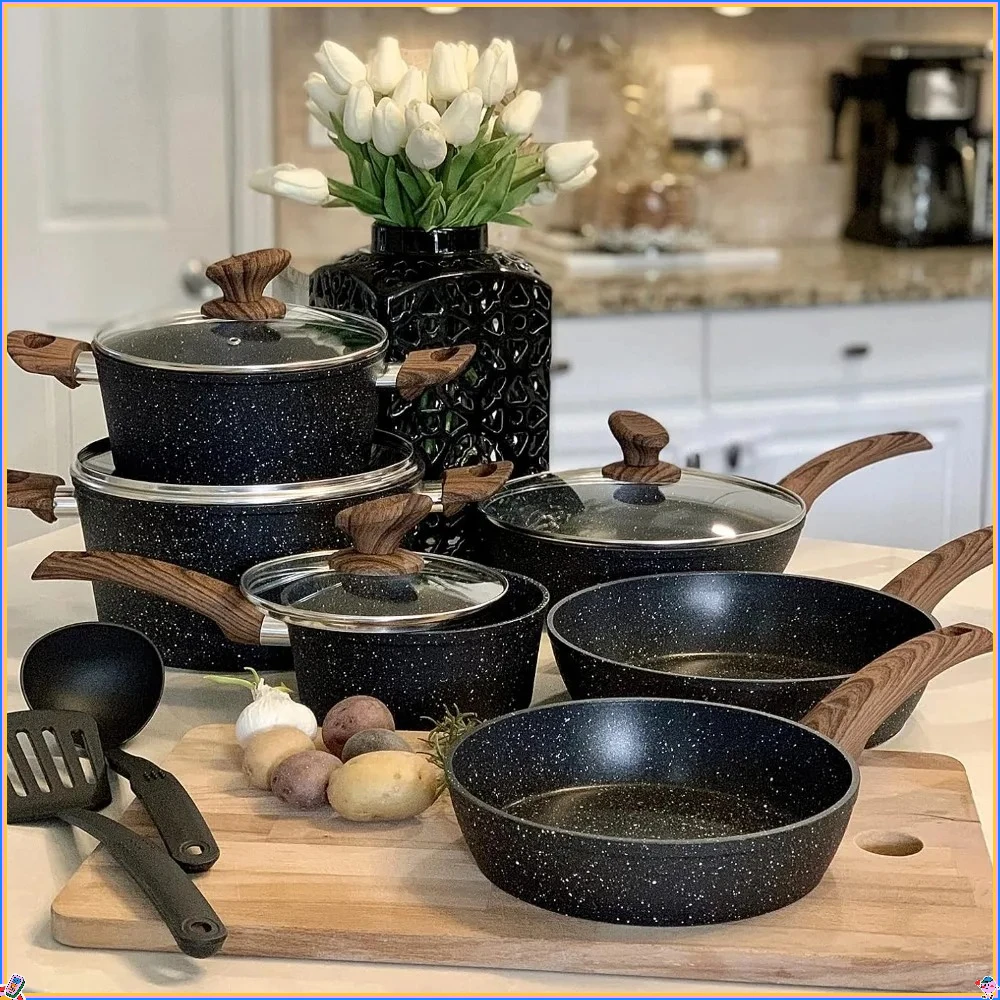 

12-Piece Induction Cookware Set - Granite Black Nonstick Pots & Pans
