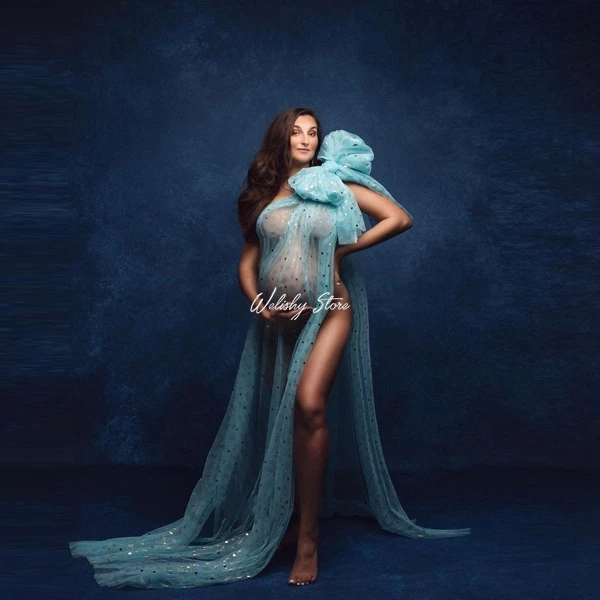 

Sexy High Slit Tulle Maternity Robes Shiny Blue Sheer See Thru Tulle Maternity Dress Women With A Bow One Shoulder Tulle Gowns