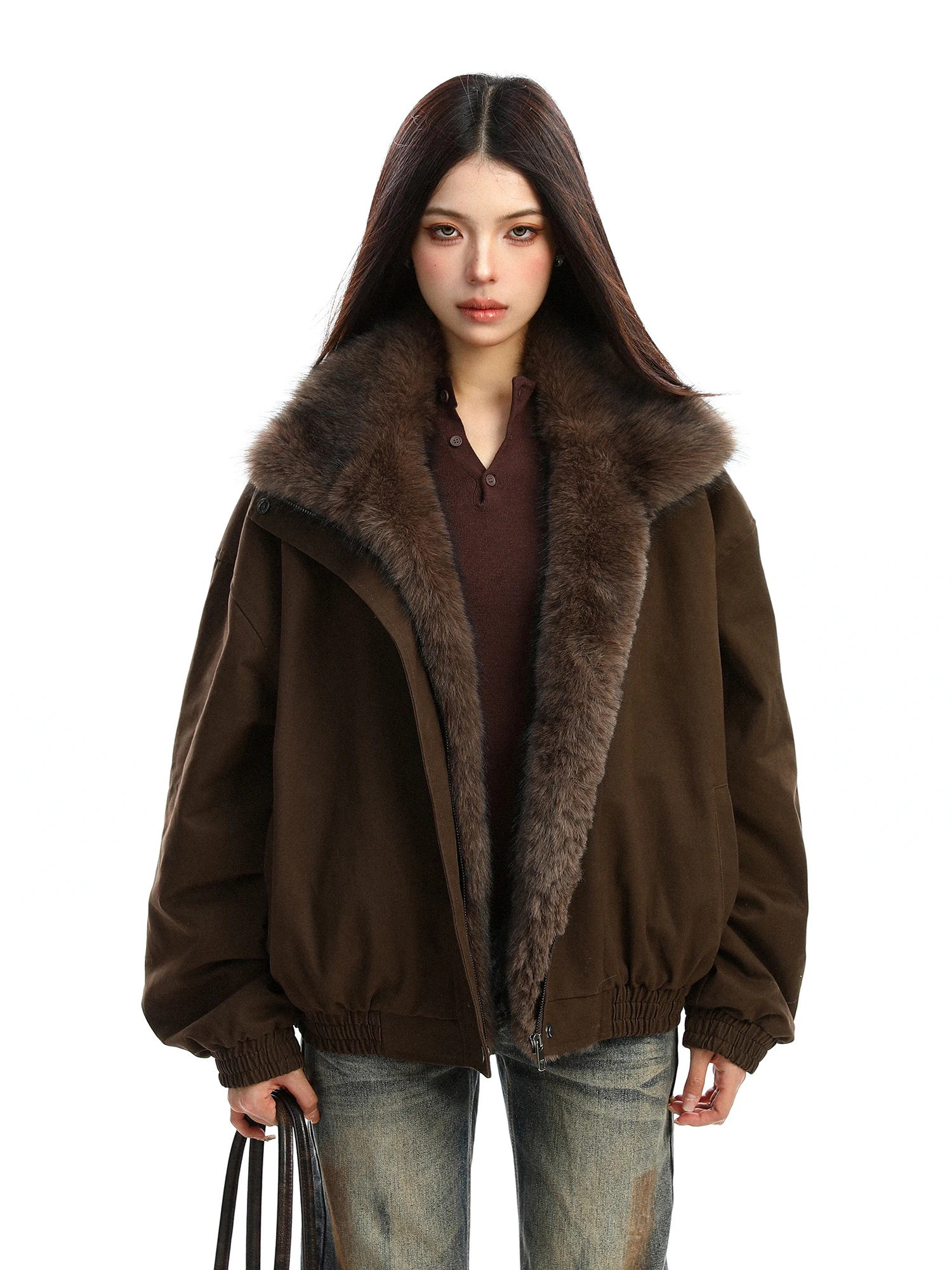 

Women's Thiened Winter Jaet with Fur Collar Loose Fit Cotton Coat Long Sve Zipper Closure Color Commute Sle