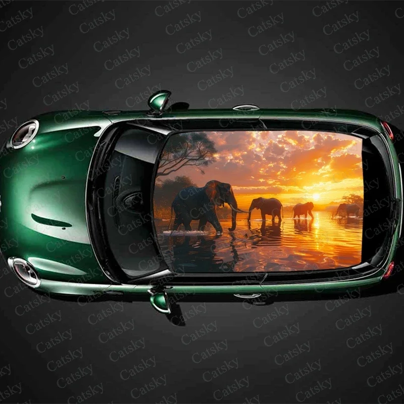 Elephants with Sunset Car Roof Sticker Wrap Racing SUV Accessories Packaging Painted PVC Custom Car Graphic Decal