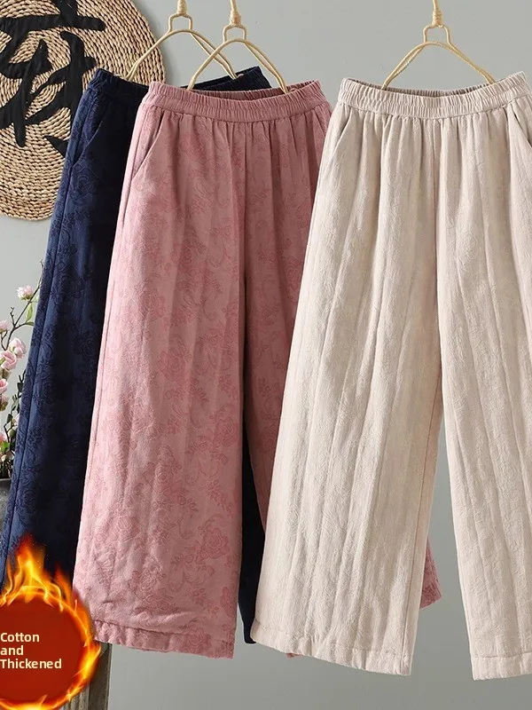 

Chinese Sle Embroidered Cotton Linen Wide Leg Pants Loose Fit Casual Autumn Winter Women's plus Size Comfortable Warm Trousers