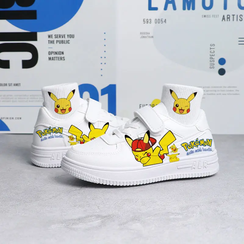 Pikachu Anime Cosplay PU Sneaker infantil, Sapatos casuais brancos bonitos dos desenhos animados Low Bang Velcro, Sapatos de corrida Graffiti personalizados