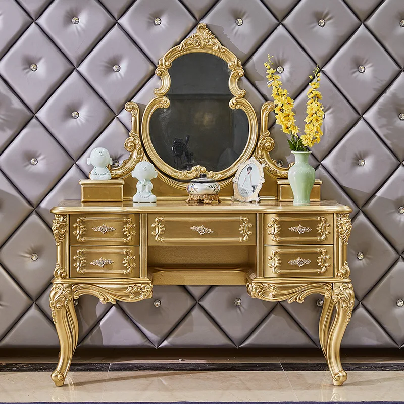 European Style Solid Wood Champagne Gold Makeup Dressing Table With Storage Detachable Features French Vintage Bedroom Furniture