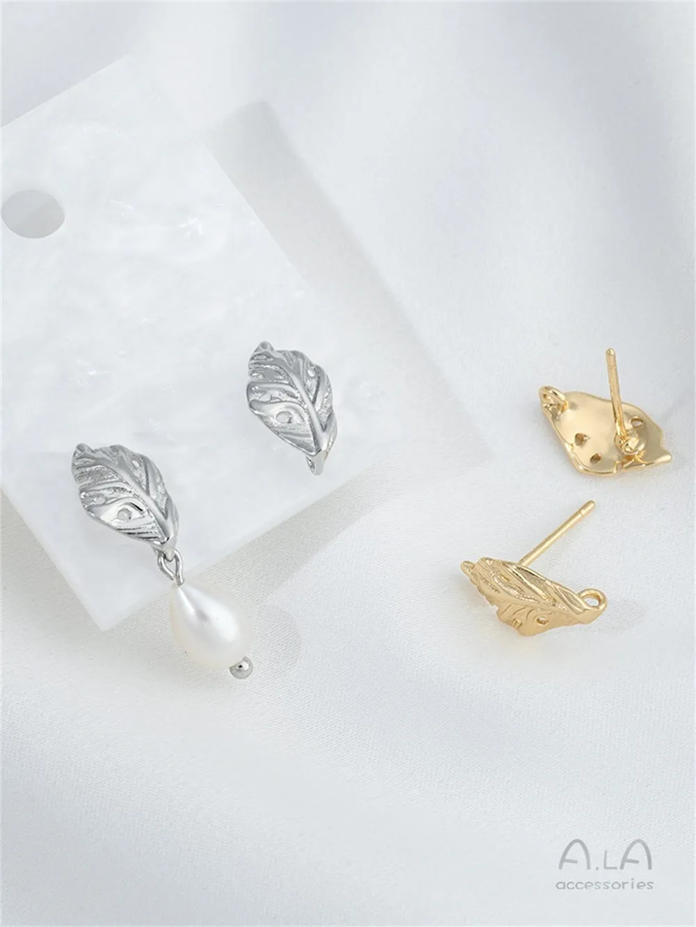 925 Silver Needle 14K Gold Color with Hanging Rings Leaf Stud Accessories DIY Handmade Earrings Ear Jewelry Material E403