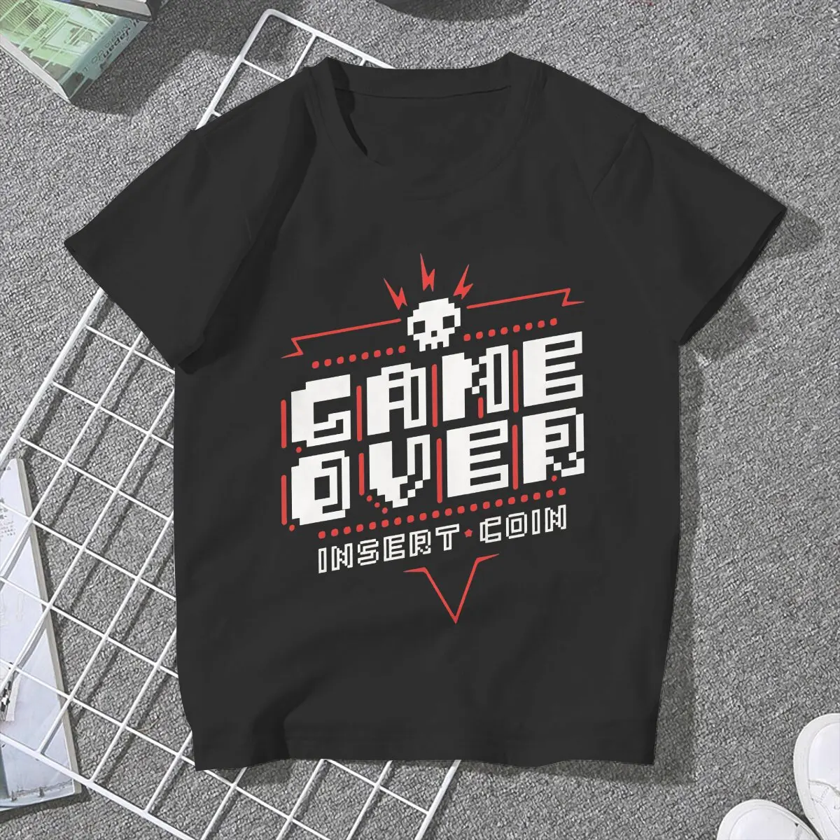 Fun Insert Coin T-Shirts for Women Round Collar T Shirts Game Over Short Sleeve Tee Shirt Printed Tops