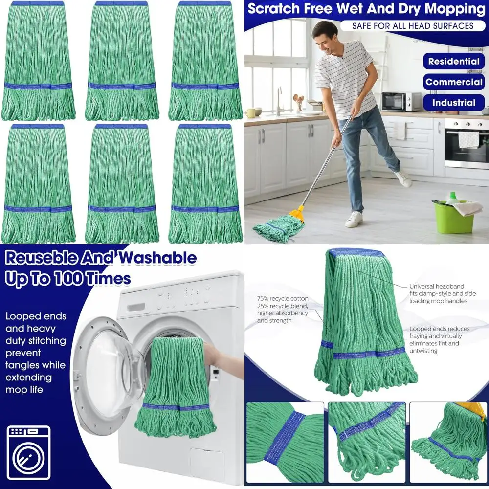 

Durable Loop Cotton Mop Heads, 6-Pack, Heavy Duty Replacement for Home & Commercial Floor Cleaning (Green, Blue)