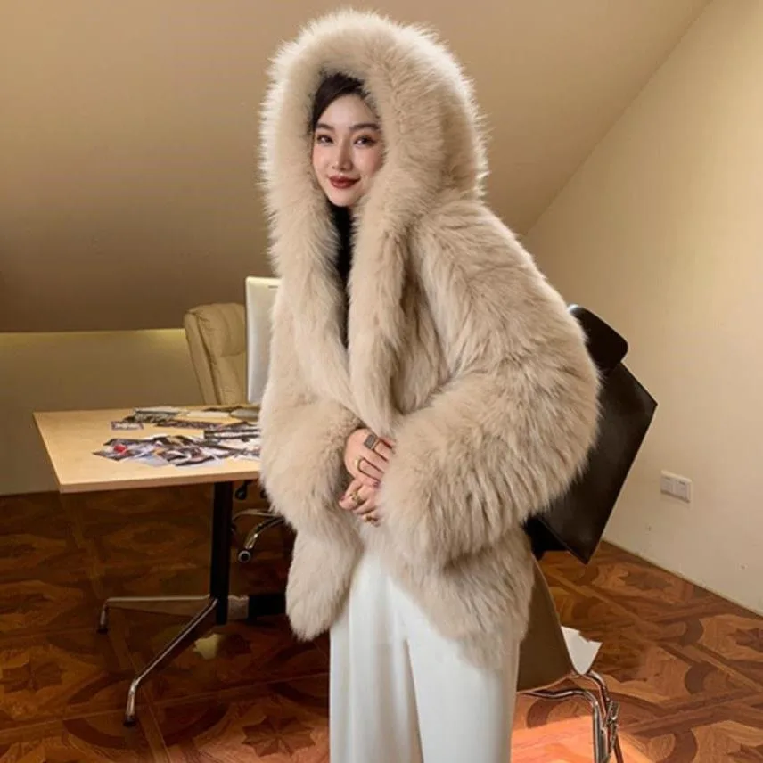 Jaqueta de pele sintética para mulheres, casaco solto, gola alta, manga comprida, outerwear feminino chique, moda outono e inverno