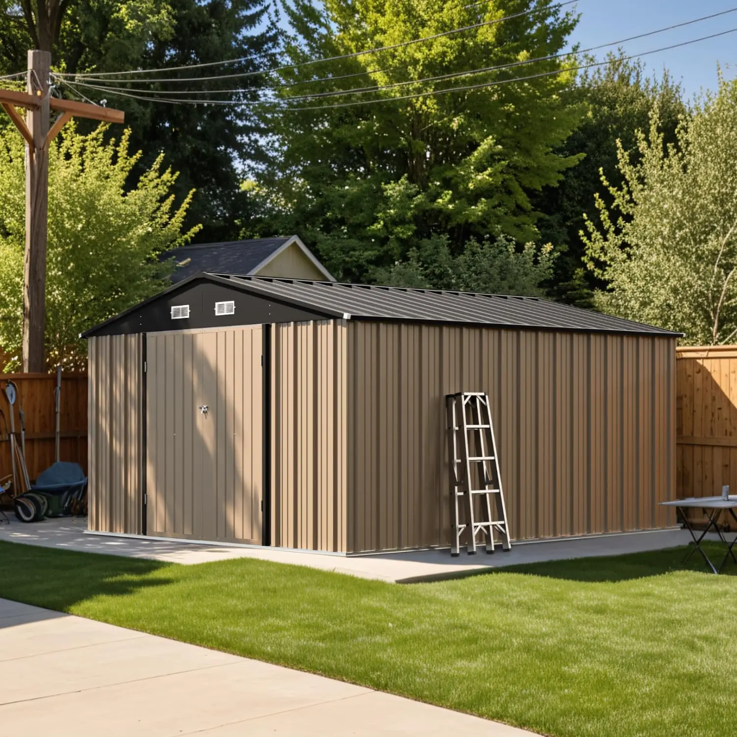 10x12 FT Storage Shed, Outdoor Metal Sheds, Brown | with Lockable Door & Sloping Roof, Waterproof Outside Large, Customized
