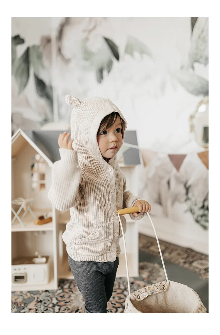 Cardigan en tricot unisexe avec oreilles d\'ours pour enfants, sweat à capuche pour bébés garçons et filles, pull pour enfants, manteau pour enfants,