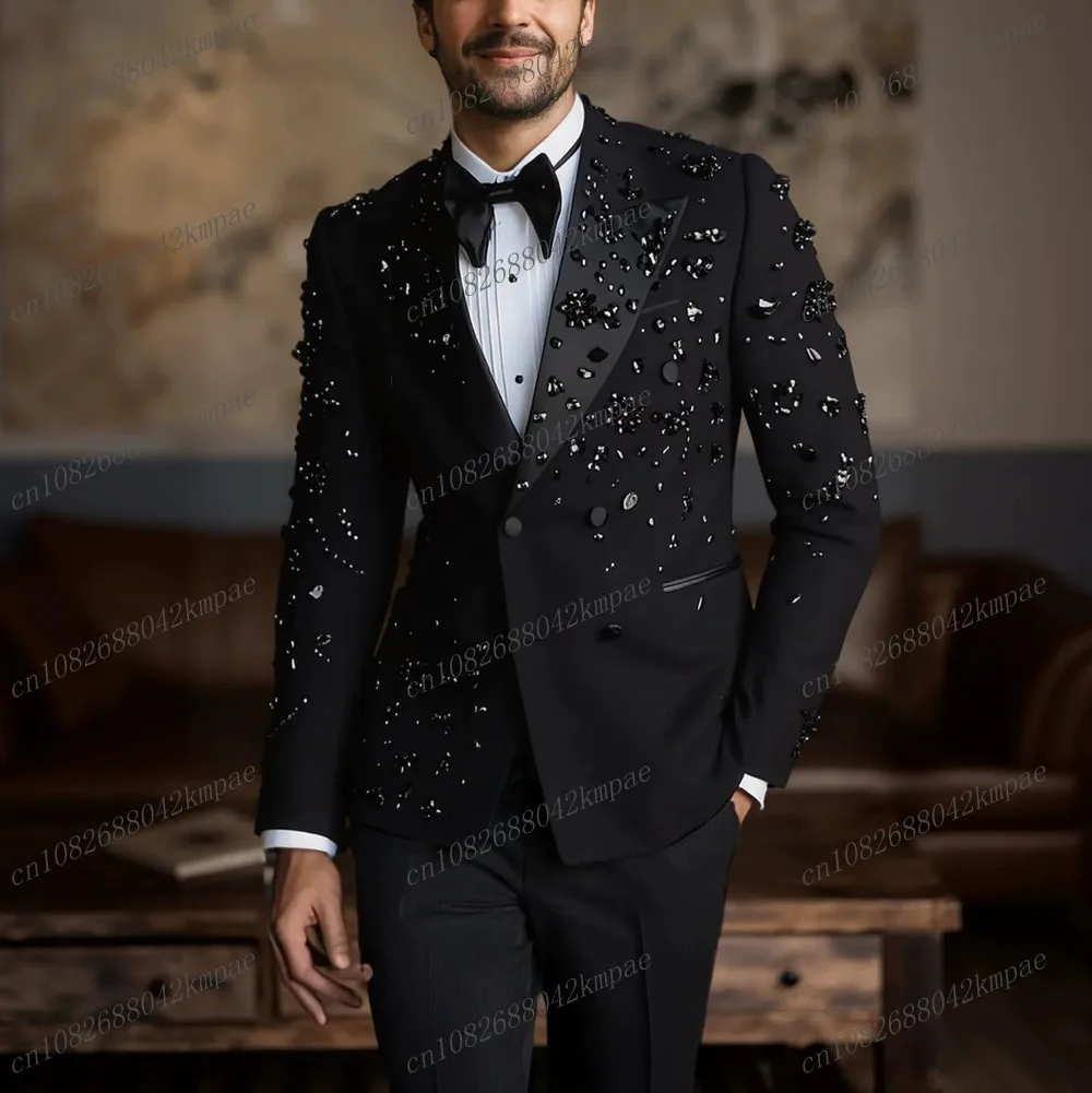 

Роскошный черный мужской костюм из хрусталя для официальных мероприятий, свадеб, выпускных, деловых встреч, мужские смокинги на заказ, комплект из 2 предметов: пиджак и брюки