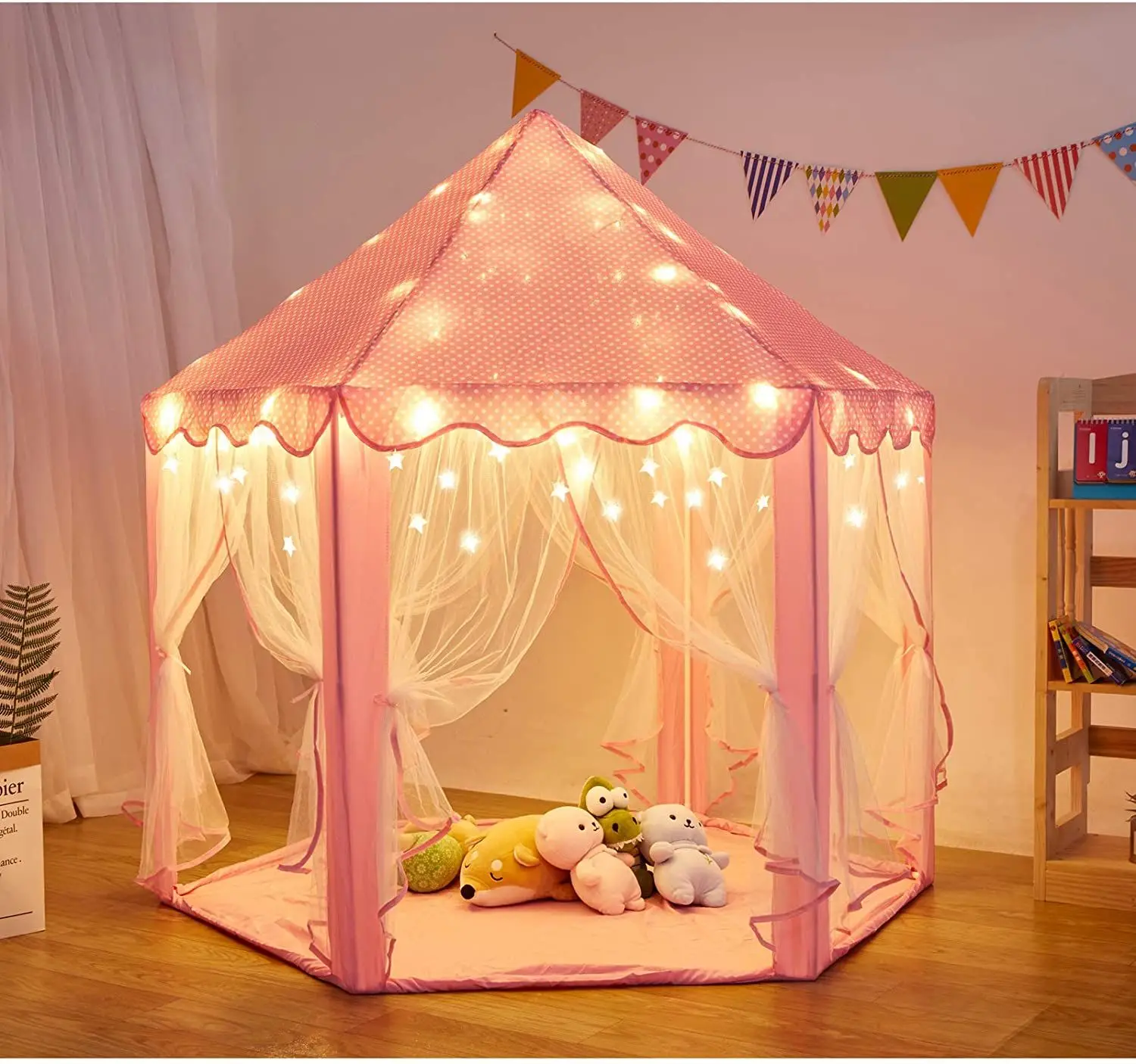 Tenda da castello principessa pieghevole portatile per interni ed esterni Tenda da gioco per bambini divertente per bambini Casa delle fate Tenda da gioco per bambini (luci stellari a LED calde)