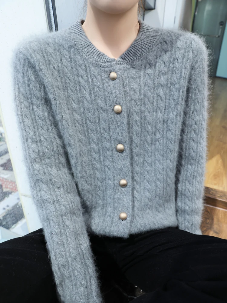 

Addonee Women Cable Knit Cardigan Sweater Autumn Winter 100% Merino Wool Knitwear Thick Warm Clothing Preppy Style Sweater Tops