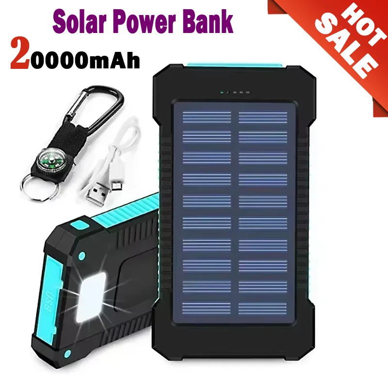

20000mAh Portable Solar Power Bank External Battery Fast Charging Waterproof Powerbank with SOS Flashlight Poverbank for Xiaomi
