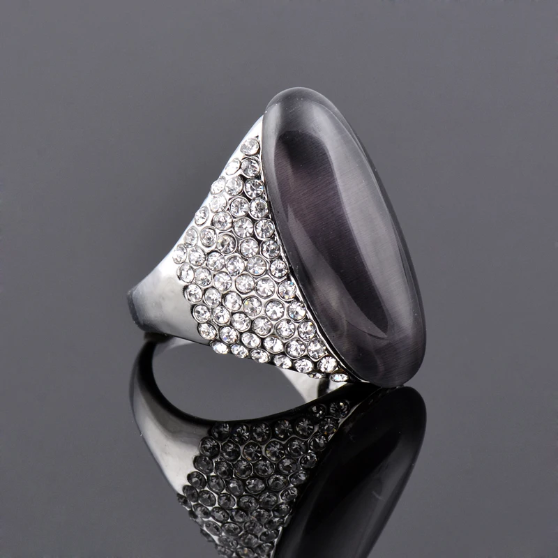 SINLEERY Vintage Big Black Opal Stone Shuttle Rings For Women Size 6 7 8 9 10 Silver Color Ring Wedding Party Jewelry JZ512