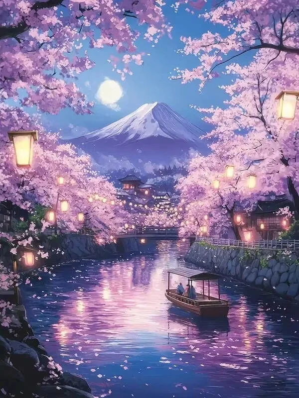 Rompecabezas de Sakura nocturna, Monte Fuji y crucero fluvial, paisaje japonés con linterna a la luz de la luna, decoración para el hogar, rompecabezas de arte coleccionable para el hogar