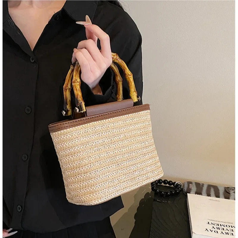 Summer Tote Straw Bucket Shoulder Crossbody Bag for Women 2024 New Designer Top Handle Square Bag Female Handbags Ladies Beach