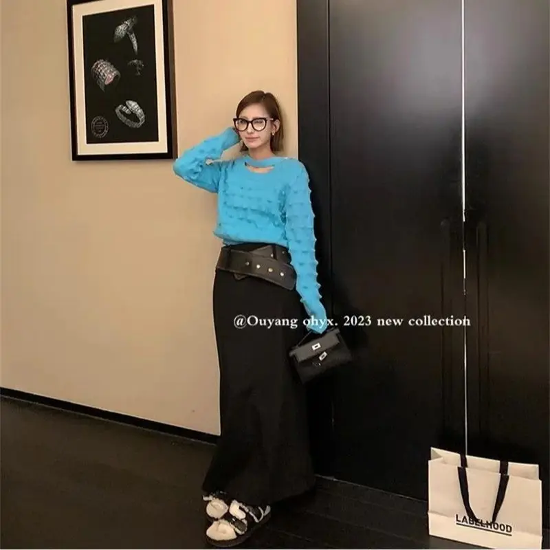 กระโปรงยาวแฟชั่นเกาหลี ฤดูใบไม้ร่วง ฤดูหนาว เอวสูง สีพื้น เรียบง่าย สไตล์ลำลอง พร้อมเข็มขัดสีดำ ผ้าขนสัตว์ กระโปรงทรงตรง รุ่น Y2k