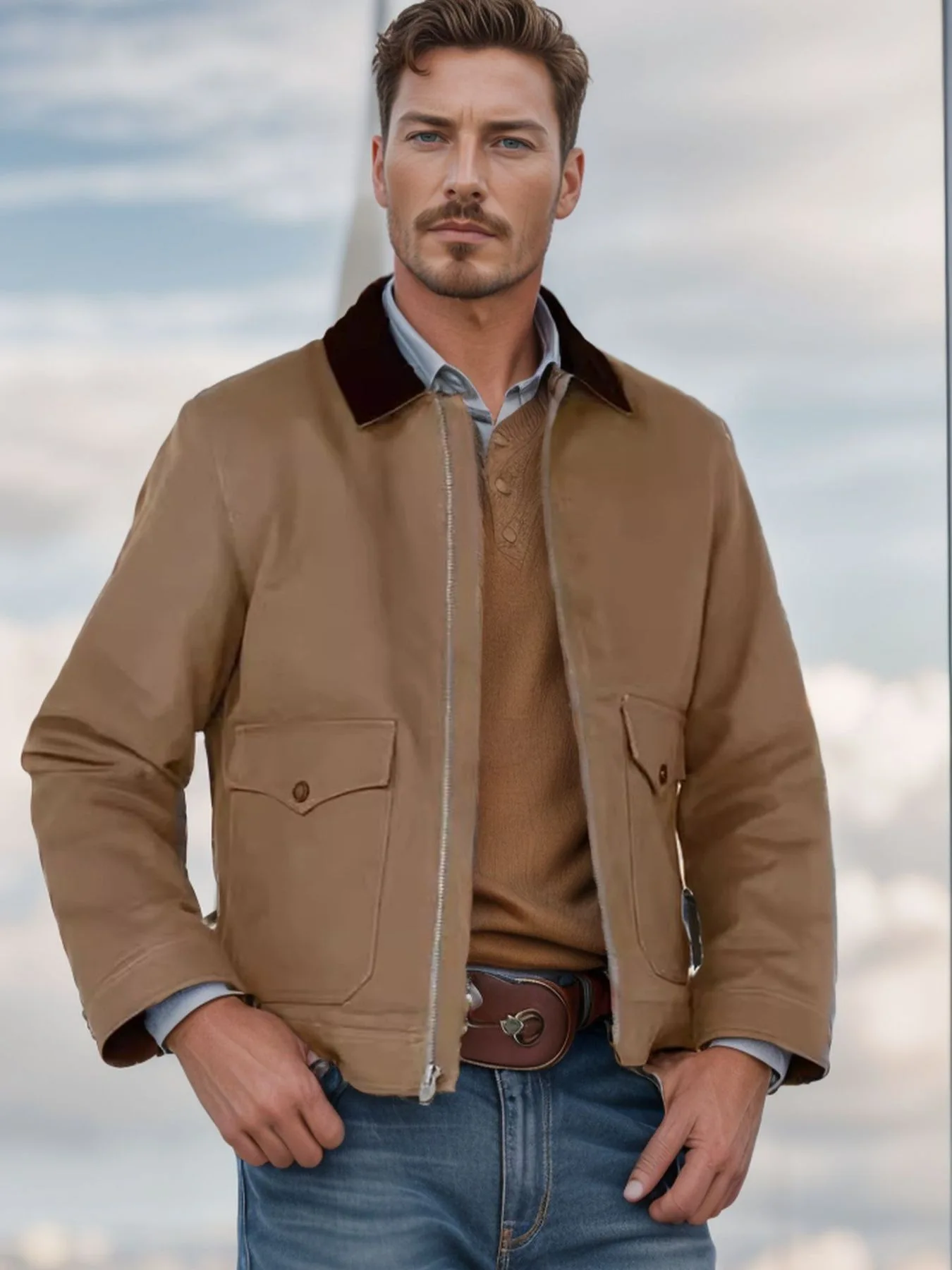 Maden Retro Canvas Detroit Hunting Jacket Heavyweight Pocket Work Jacket Lapel Collar Zipper Coat for Men's Spring and Fall