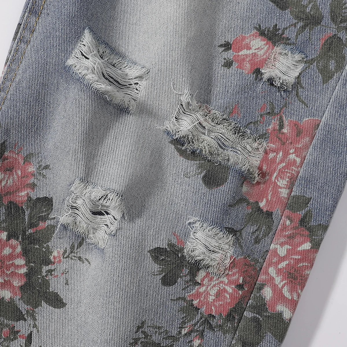 Rose bedruckte Jeans für Herren und Damen, gerade Jeanshose mit weitem Bein, zerrissen, Herbst, neue Vintage-Jeans mit entspannter Passform, S-3XL