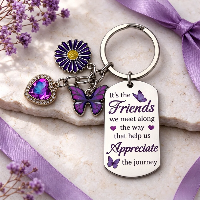Friends Appreciate The Journey Keychain Purple Butterfly Daisy Heart Charm Friendship Gift