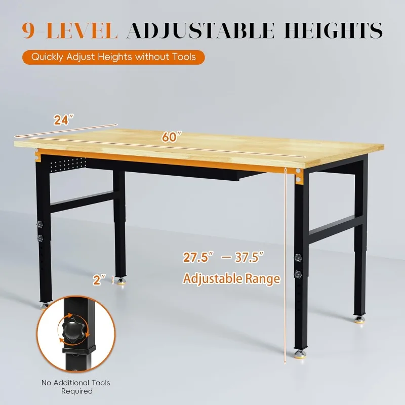 60" Adjustable Height Workbench, 2000 LBS Heavy Duty Work Table with Power Outlets & Pegboard, Rubber Wood Workstation