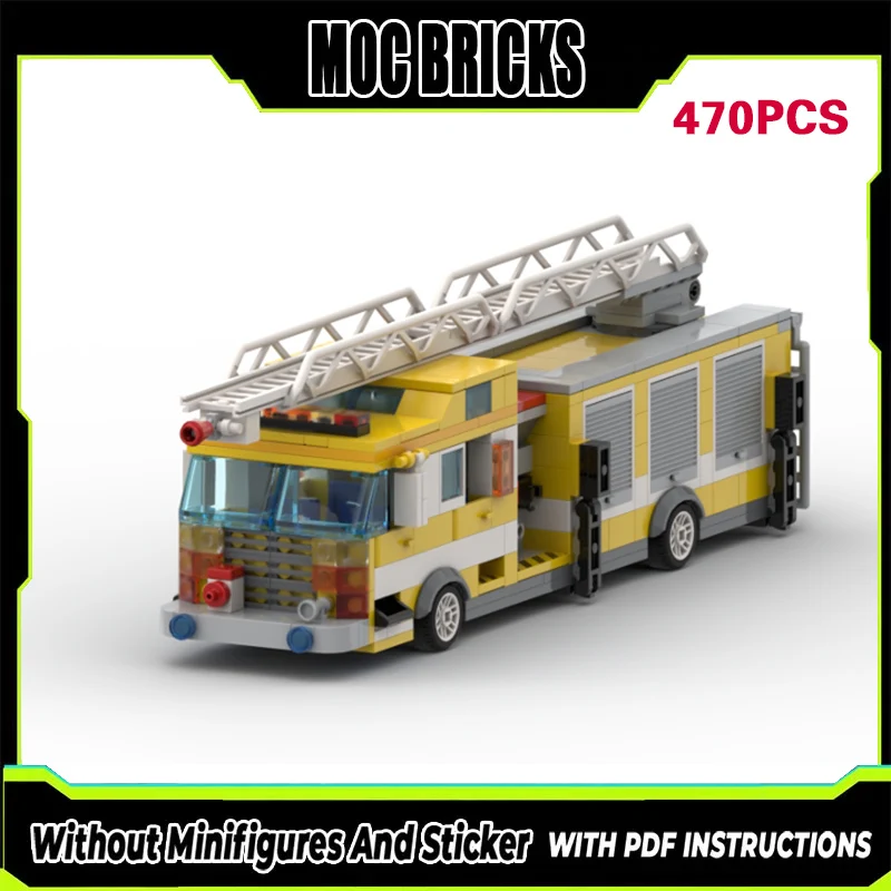 

Модель городской пожарной машины MOC: Желтый модульный конструктор из строительных блоков с лестницей, технологичная игрушка для сборки, подарок для детей на праздники