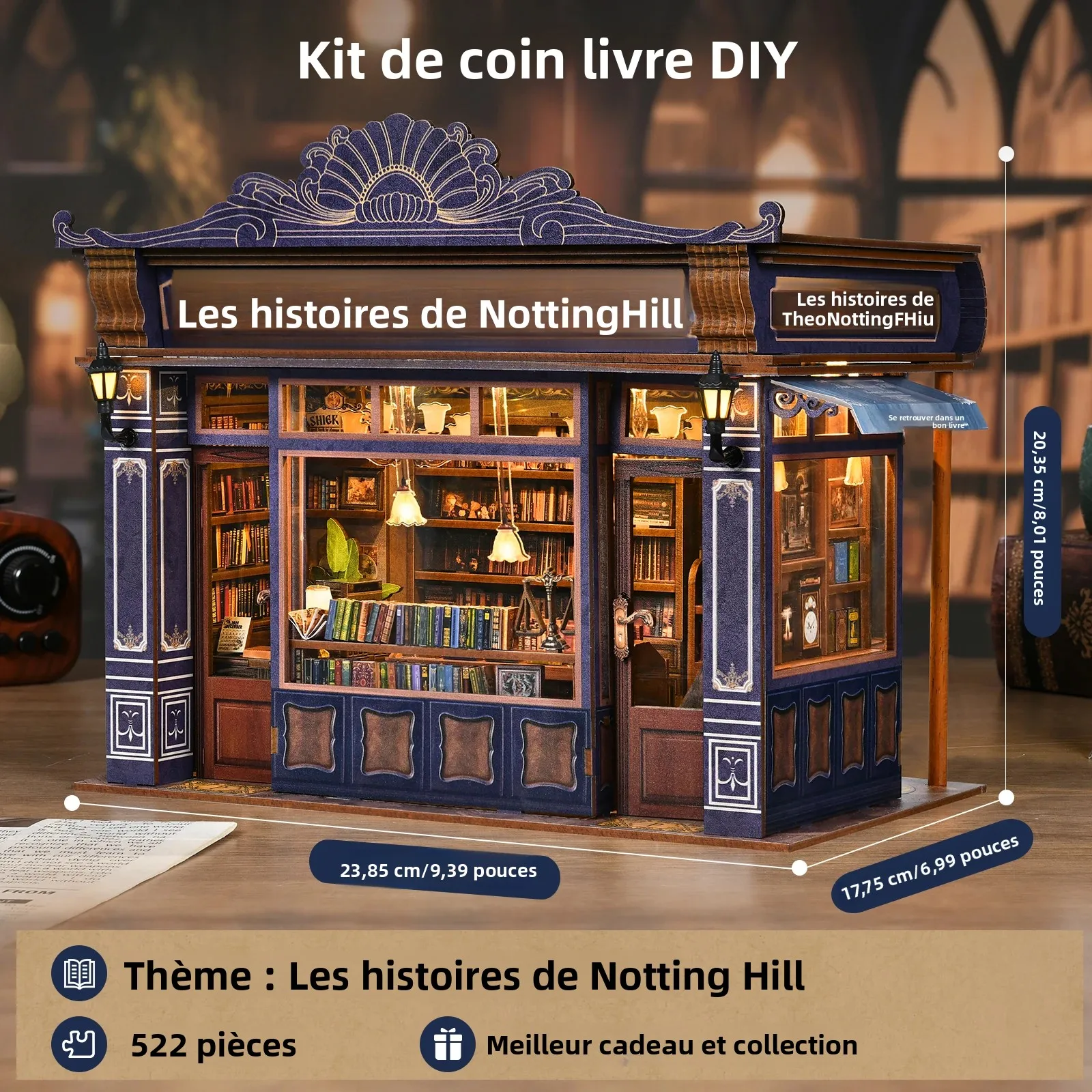 Notting Hill Book Nook - Puzzle 3D en bois - Kit de construction de modèle décoratif fait main pour les amoureux des livres - Librairie DIY