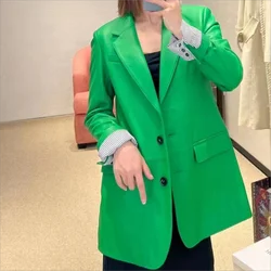 Blazers finos de peito único para mulheres, jaqueta chique e elegante, casacos de pele de carneiro reais, lapela solta verde e branca, outono