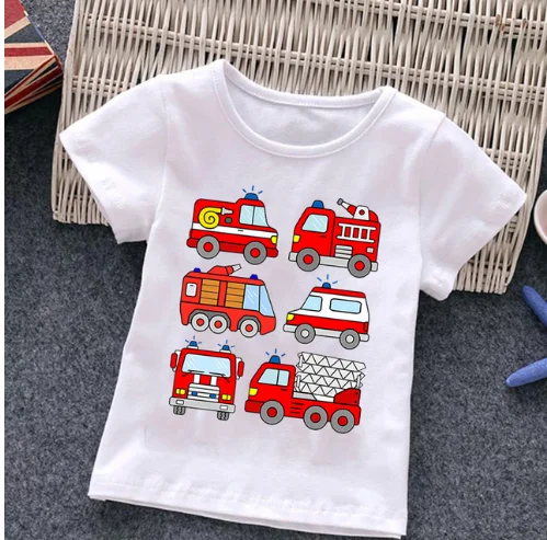 Fire Truck Print New Children's T-shirt  Summer Short Sleeve Tshirt Cartoon Harajuku Girl Boy  Top Tee