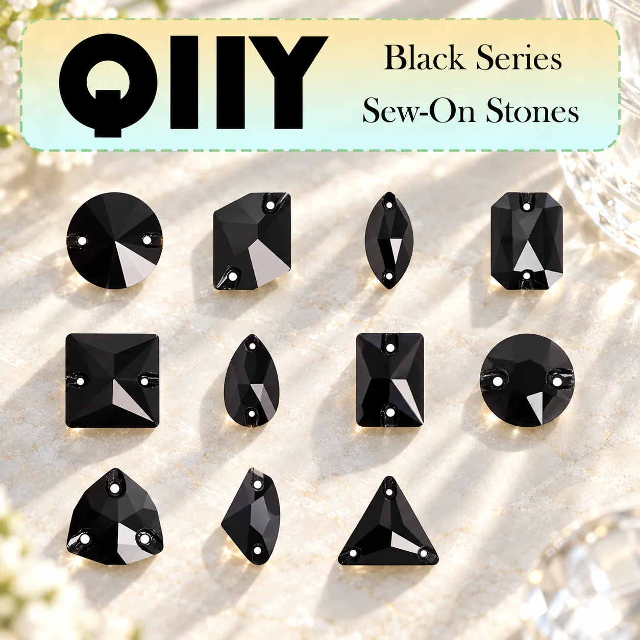 QIIY Black Series Jet Sew-on Rhinestones Various Shapes Flatbase Rivoli Drop Axe Stones for DIY Clothing And Garment Decorations