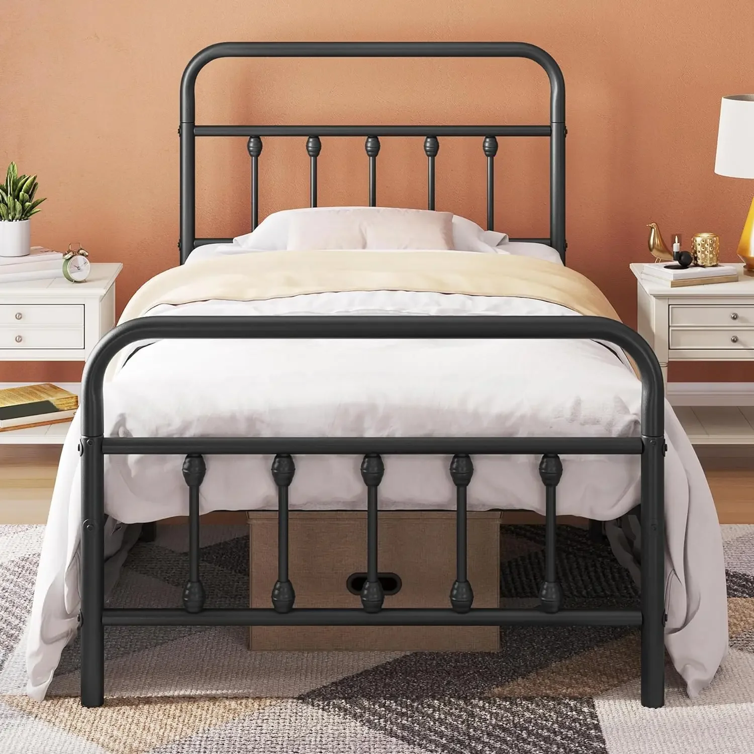 

XL Size Victorian Style Metal Bed Frame with Headboard/Mattress Foundation/No Box Spring Needed/Under Bed Storage/Strong