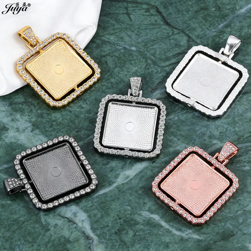 

15PCS Double Sided Pendant Base Inner Size 25mm Square Tray Rotate Bezels For DIY Pop Necklaces Jewelry Making Accessories