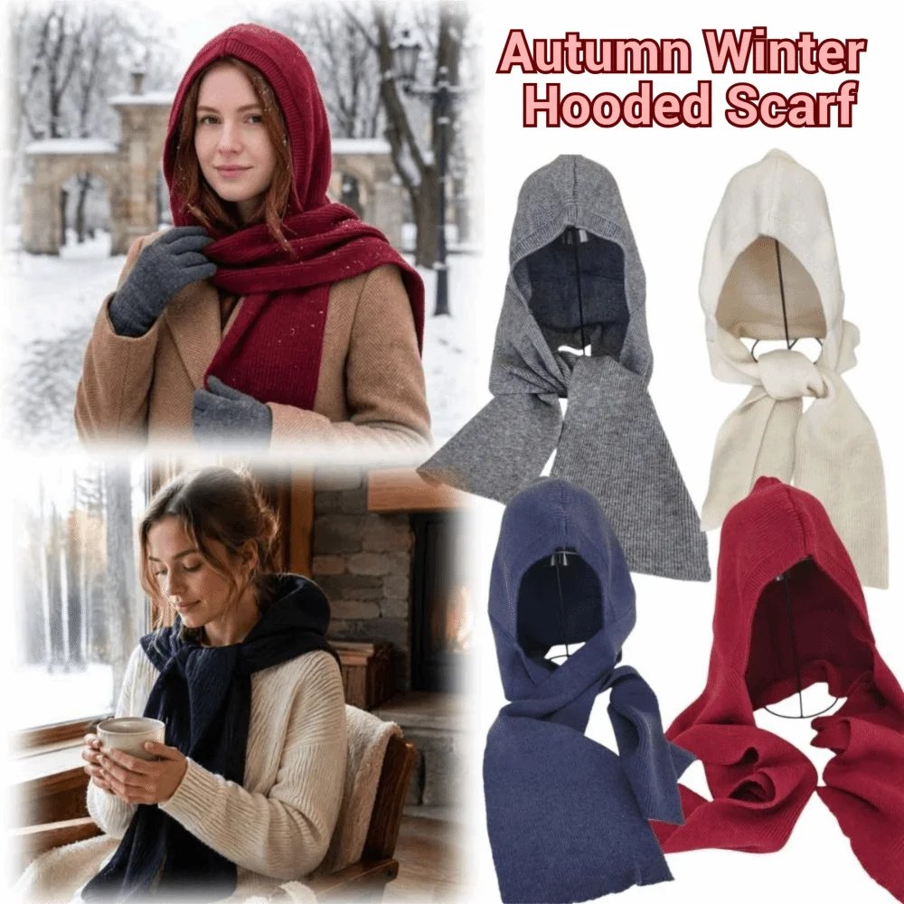 Soft Knitted Beanies Cap with Attached Scarf Long Autumn Winter Hooded Scarf Breathable Integrated Hat Motorcycle Hat