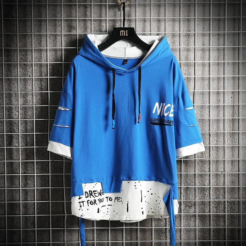 Men Fashion Ribben Hoodie Summer Short Sleeve Hoodies Men's Hoodies Tshirt Color Splice Hooded Tshirt Hip Hop Street Sweatshirt