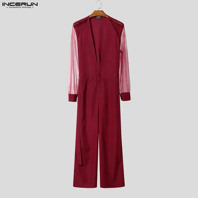 Men Jumpsuits Mesh Patchwork Pants See Through V Neck Long Sleeve INCERUN Rompers Streetwear Hollow Out Fashion Men's Overalls