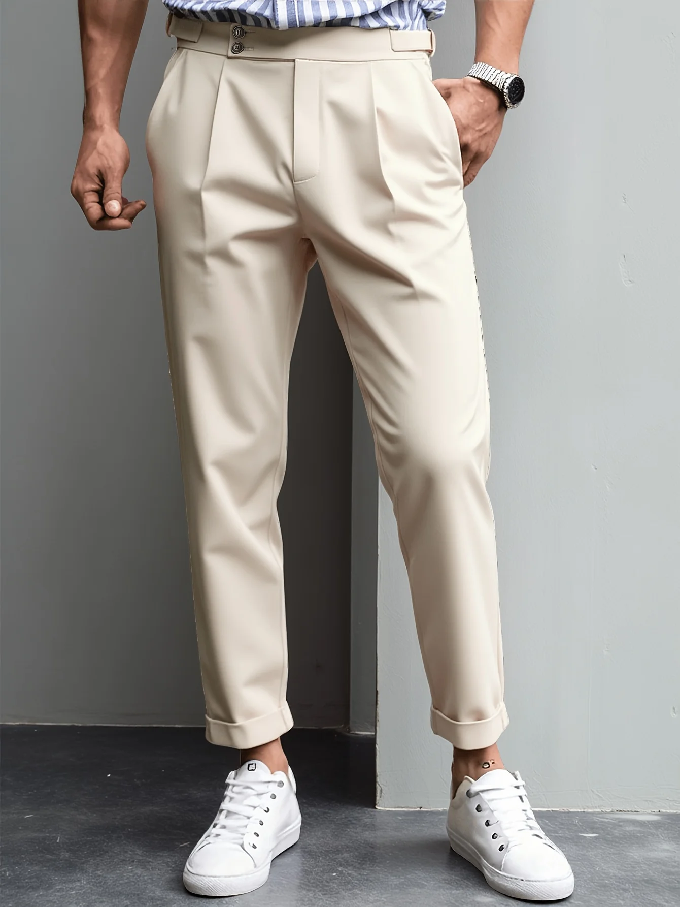 

Mens Double Button High Rise Pleated Suit Pants Cuffed Hem Casual Office Ankle Trousers