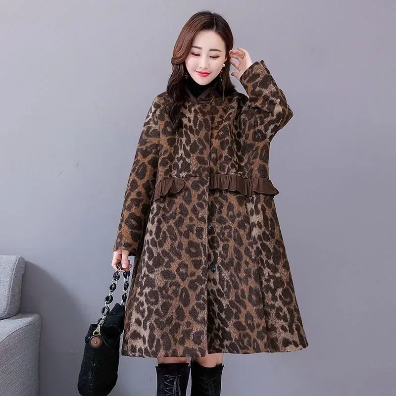 Leoparden muster langer Woll mantel weiblich lose koreanische Version Herbst Winter neu plus Baumwoll mantel Woll mantel Flut Damen bekleidung