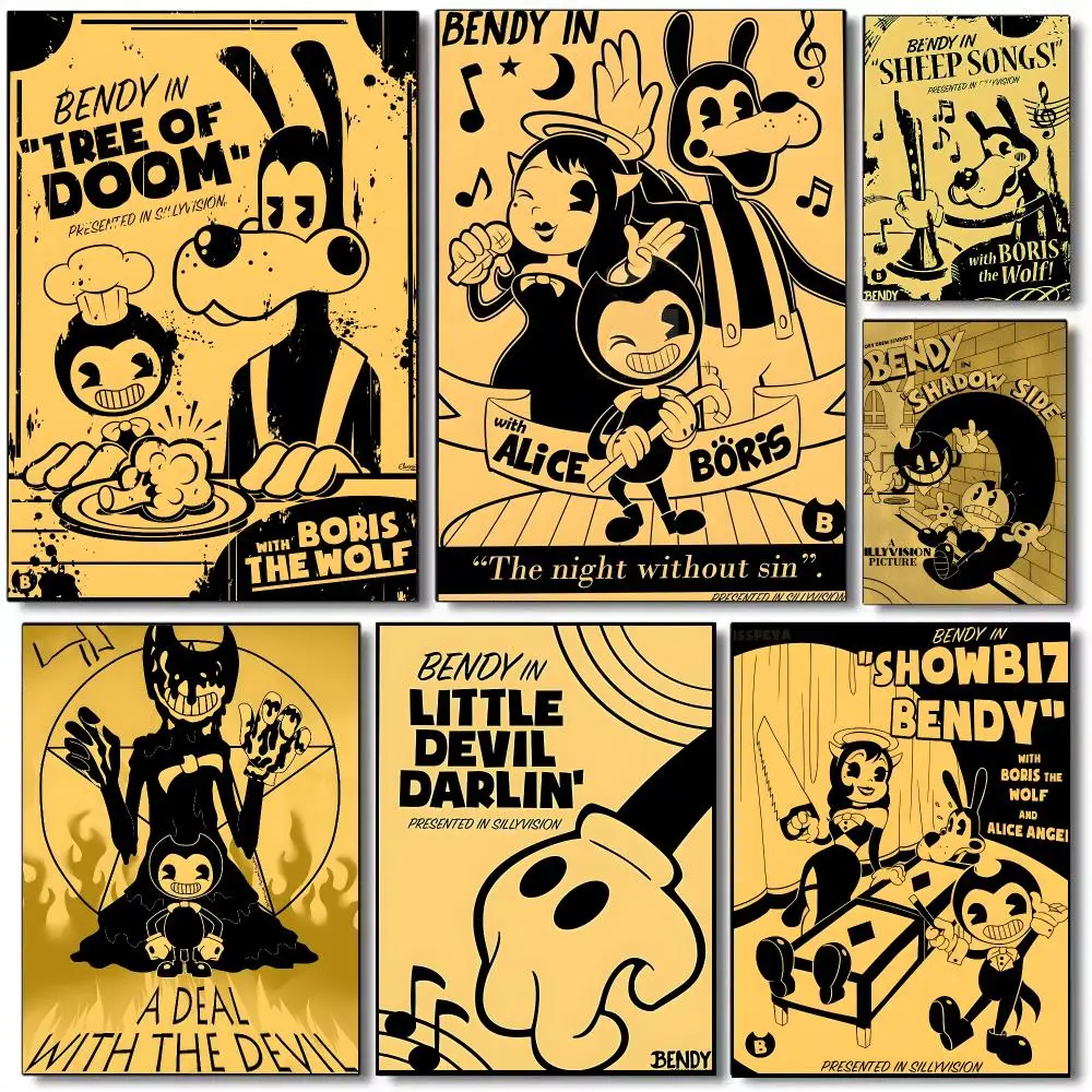 Bendy And The Ink Machine Game Retro Poster Self-adhesive Advanced Aesthetic Printing Paper Wall Art for Living Room Home Decor